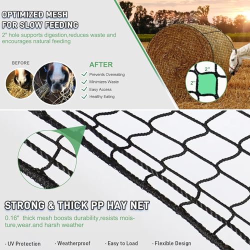 6x6 ft Round Bale Hay Net - Large Slow Feeder for Horses & Livestock, Knotless Design Slow Feeder Hay Nets, Fits 4x4ft 5x5ft 6x6ft Round & 3x3x8ft 4x4x8ft 5x5x8ft Square Bales (Black-Round) - color: Black-Round