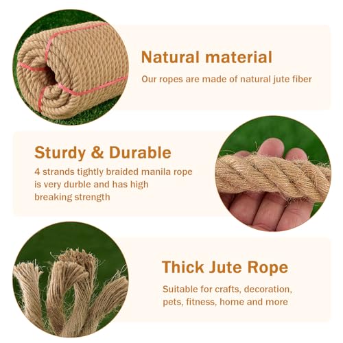 Thick Twisted Manila Ropes 3/4inchx50ft Natural Jute Rope Heavy Duty Hemp Rope for Swing Bed, Crafts, Railing, Tug of War, Landscaping, Gardening, Bundling, Hammock, Home Decorating - size: 3/4inches x 50feet