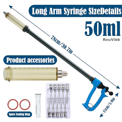 50ml Repeating Livestock Syringe Gun–Long Pole Veterinary Injector | with 5 Dose Settings, Ergonomic Grip, Clear Barrel & Luer Lock for Cattle, Horses, Goats, Sheep, Pigs - size: Blue Long Arm 50ML