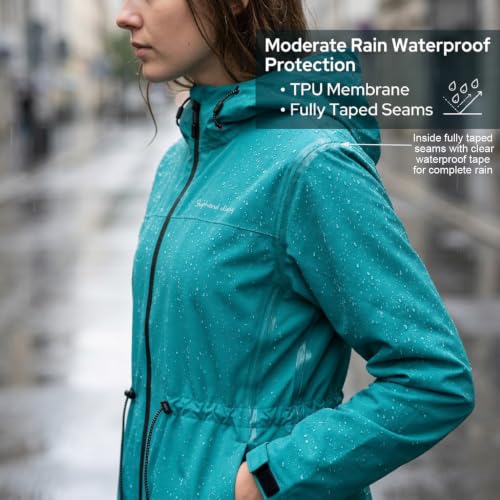 Women's Waterproof Long Rain Jackets Raincoats with Adjustable Hood | Lightweight Outdoor Activities Rain Shell Relaxed Fit Drawstring Waist Windbreaker Breathable Mesh-Lined Trench Coat - color: Teal Green, size: Small