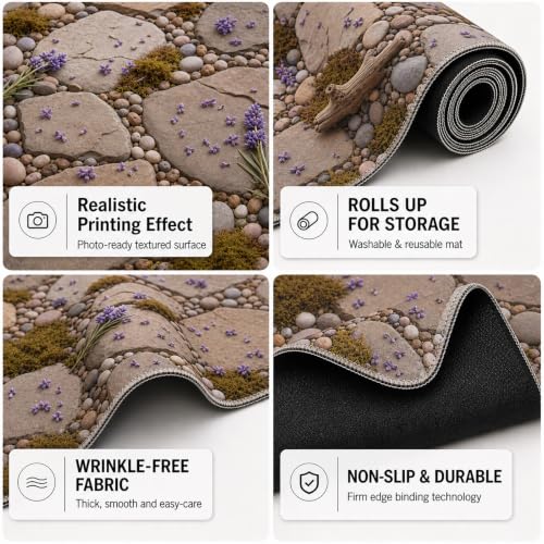 Kate Lavender Stone Photography Floor Mat, Rubber Studio Backdrop 5x4ft | Realistic Flagstone And Pebble Garden With Purple Flowers, Moss And Driftwood For Newborn, Kids, Pet And Product Photo Shoots - color: Cobblestone, size: 5x4ft