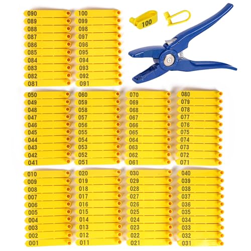 Numbered Goat Ear Tags 001-100 with Livestock Ear Tag Applicator | Small Livestock Ear Tags, Pre-numbered Sheep and Goat Ear Tags with Numbers (Yellow) - color: Yellow