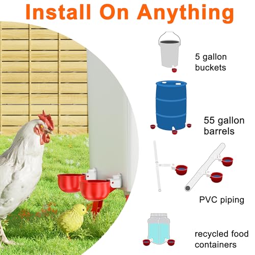 Automatic DIY Chicken Water Cup, Chicken Waterer Cups 6 Pack | Chicken Flock Waterer Cups with 3/8'' Hole Saw for Bucket, Trough, Easy Install