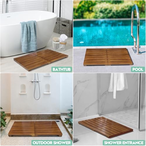 Teak Shower Mat - Foldable Wood Bath Mat for Spa, Sauna, Pool and Home | Foldable Teak Shower Mat Adds a Raised Wood Surface for Bathtubs, Doorways, Spas, Saunas, Pools and Indoor or Outdoor Use.