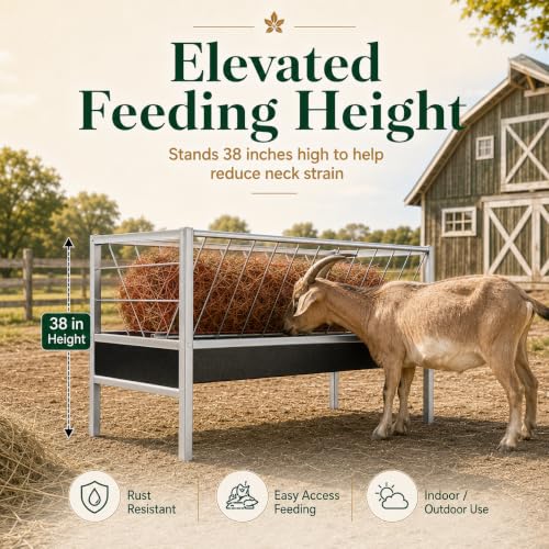 98 Gallon Livestock Feeder, Hay Feeder for Goats Sheep Calves and Horses | Anti-waste stainless steel goat feeder with rubber trough supports hay and feed access for goats, sheep, calves and horses.