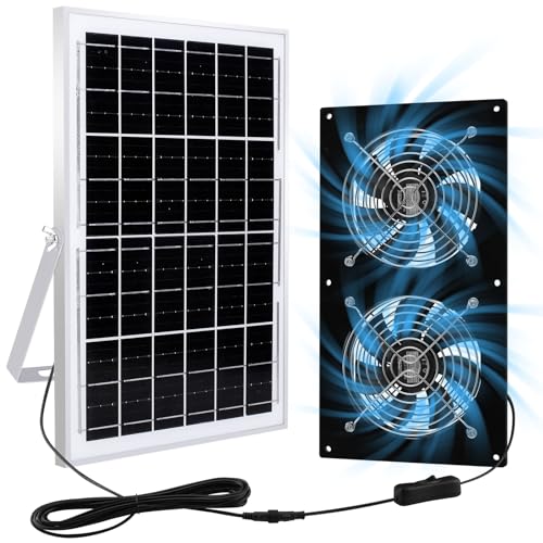 HNRLOY Solar Exhaust Fans for Chicken Coop Greenhouse Shed & Dog Houses| High Velocity Solar Powered Fans for Outdoor Intake or Exhaust Air with 2 High-Speed Brushless DC Fans - size: 15W Solar Panel + 2 Exhaust Fans