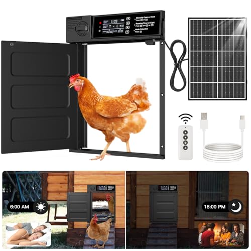 Automatic Chicken Coop Door, Large Size Solar Powered Coop Door | Opening in Emergency, Anti-Pinch, Timer & Light Sensor, Aluminum Waterproof Auto Chicken Door, with 7W Solar Panel