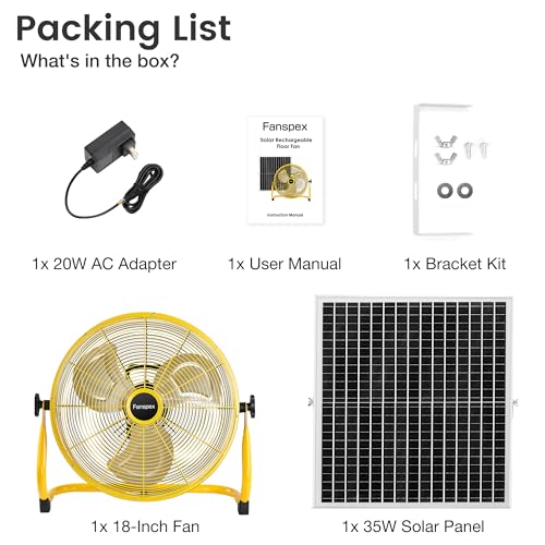 Fanspex 18" Solar Rechargeable Floor Fan for Outdoor Gazebo Greenhouse Barn | 83 Wh Battery Operated Fan, 360° Tilt with 35W Solar Panel Powered for Patio Camping Cooling or Air Circulation - size: 18"