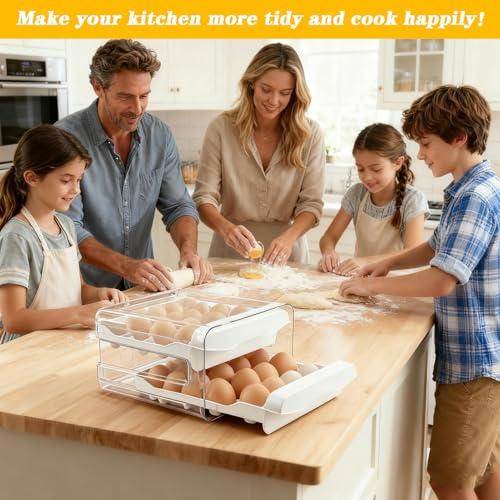 2 Tier 32 Egg Holder for Fridge Egg Organizer Clear Egg Tray | Eggs Storage with Drawer,Eggs Container with Handles,Space Saving,Countertop Kitchen Baking