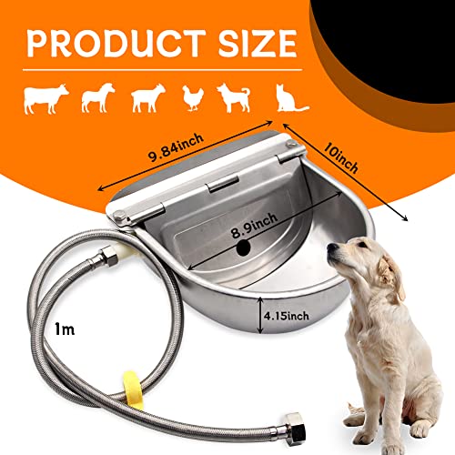 304 Stainless Steel Automatic Livestock Waterer with Float Valve & 3/4'' Water Hose – Self-Filling Drinking Bowl for Dog, Cat, Chicken, Cow, Horse, Goat, Sheep & Pig