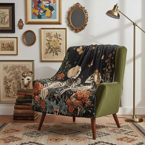 Gothic Floral Skeleton Blanket Gifts for Men Women Kids Moon Starry Night Lovers Throw Blanket Gifts 50"x60" - color: Black