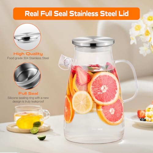 1 Gallon 128oz Glass Pitcher,Water Pitcher with Full Seal Lid and Spout, Glass Carafe for Hot/Cold Drink, Water Jug for Iced Tea, Coffee, Juice, Milk, Beverage | Thickened Borosilicate Glass Iced Tea Pitcher, Drip-free Spout, Heat Resistant, Stovetop Dish