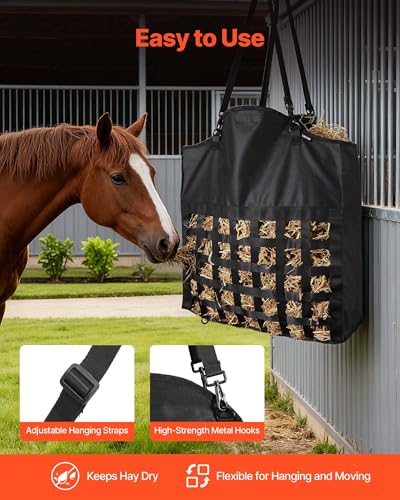 VEVOR Hay Bag for Horses, 21.65 x 7.28 x 25.2 in, 1.81 x 1.81 in Holes, Premium Nylon Construction with PVC Waterproof Coating, Adjustable Hanging Straps and Metal Hooks, Slow Feed Hay Bag for Horses - size: 21.65 x 7.28 x 25.2 in