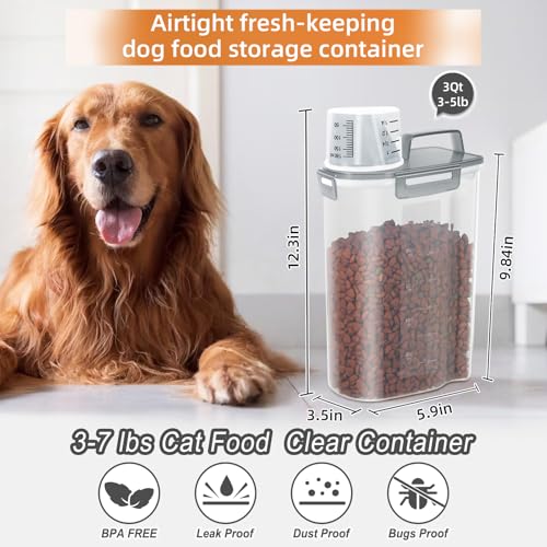 LEAWALK 3-5Lbs/3Qt Dog Cat Food Storage Container With Foldable Bowl., Plastic Pet Food Dispenser for Small Animal Kibble/Pet Food/Bird Seed/Oatmeal/Rice/Flour/Brown Sugart/Cereals (Clear Grey) - color: Clear Grey, size: 3L-1pack