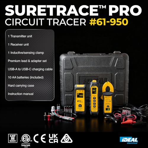 Ideal Electrical SureTrace Pro Circuit Tracer (61-950), 0-600 Volts | Non-contact voltage tester, continuity test, receptacle testing, measures AC amperage to 600A, find breakers, faults, & more