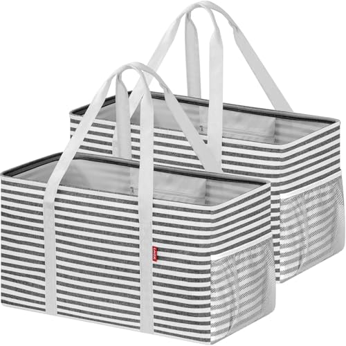 LHZK 2 Pack Extra Large Utility Tote Bag with Metal Wire Frame and the Sides Rinforced, Extra Large Tote Bag with Handle for Pool Beach Laundry Storage, Black - color: Black/White, size: 22.5''x10.5''x12''-2 Pack