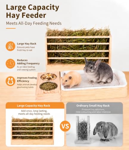 Rabbit Hay Feeder with Litter Box Bowls, 3-in-1 Wooden Rabbit Toilet | Large Capacity Rabbit Litter Box with Hay Feeder, Removable Tray Easy Clean,Bunny Guinea Pig Chinchilla Small Animals
