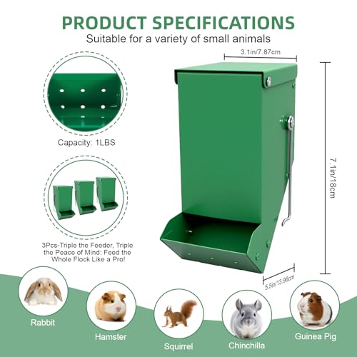 3 Packs Hay Feeder Rabbit, Metal Small Animal Feeder with Lid & Mesh Bottom, 3.1 Inch 1 LBS Capacity, Gravity Food Dispenser for Guinea Pigs Chinchillas, Cage or Outdoor Use, Green - size: 3.1 Inch (3Pcs)