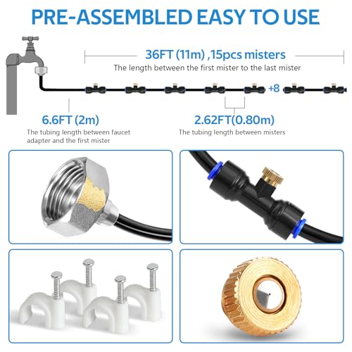 HOMENOTE Misting Cooling System, 42FT(13M) Pre-Assembled Mister Kit | 15 Brass Nozzles & 3/4" Brass Adapter, Cooling Mister for Patio, Backyard, Pets, Garden & Greenhouse - size: 42FT / 13M