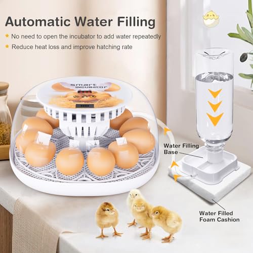 Incubators for Hatching Eggs, 12 Egg Incubator with Automatic Turning and Temperature Control, Automatic Water Adding, LED Egg Candler, for Hatching Chickens, Duck, Quail - color: White