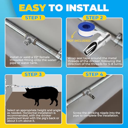 NATGAI 20 Pack Pig Water Nipple, 1/2" NPT Stainless Steel Automatic | Pig Nipple Waterer, Heavy Duty Hog & Swine Water Drinker Feeder, Pig Nipple Drinker for Sows, Piglets & Goats Drinking System