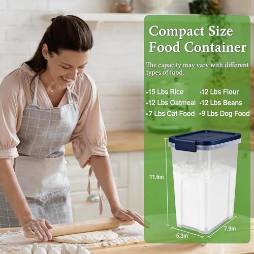 Tight-Lock Rice Container 10-15 Lbs, Airtight Flour Container Dry Food Bin | Plastic Food Container with Scoop, Dry Food Storage Bin Dispenser for Cereal, Sugar, Kitchen, Pantry Organizers and Storage - color: Dark Blue