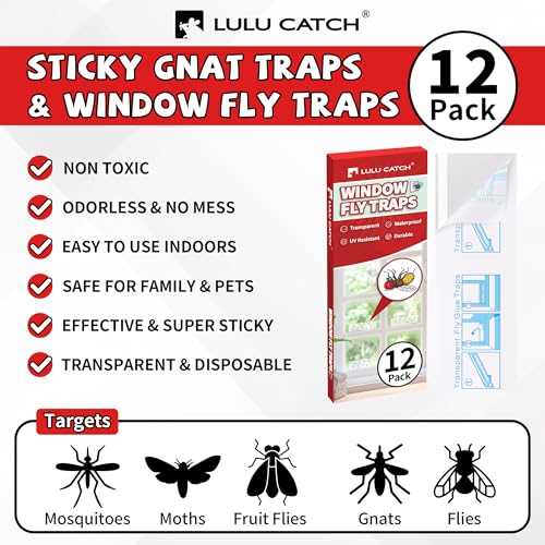 LULUCATCH Window Fly Trap, 12 Pack Fruit Fly Traps for Indoors, Sticky Gnat Trap Bug Trap, Non-Toxic Odorless Flying Insect Trap, Pet Safe Bug Catcher for Fruit Fly, Mosquitos, Fungus & Flying Insect