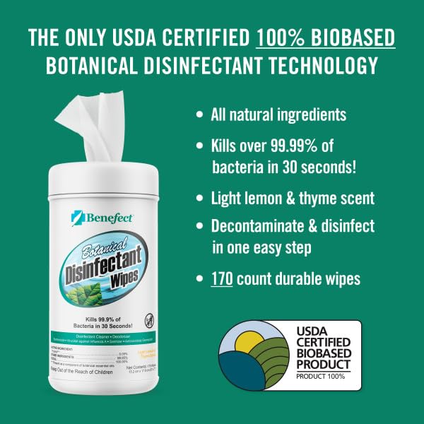 Benefect Botanical Disinfecting Wipes - (170 Wipe Count, 6-Pack) Natural, No Residue - Antibacterial Disinfectant, Multi-Surface Cleaning and Sanitizing Wipes - size: 170 Count (Pack of 6)