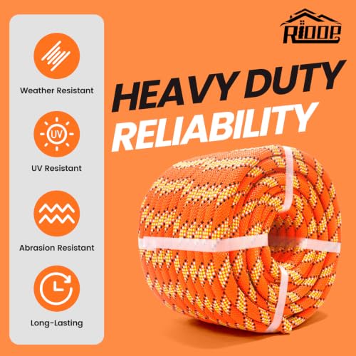 RIOOP Double Braid Polyester Rope, 1/2 in x 100 ft Heavy Duty Bull Rope | 48 Strands, 5290lbs Breaking Strength, for Tree Work, Camping, Hiking, Swing, Sailing and Indoor Outdoor Use, Orange - size: 1/2in x 100ft, style: Orange