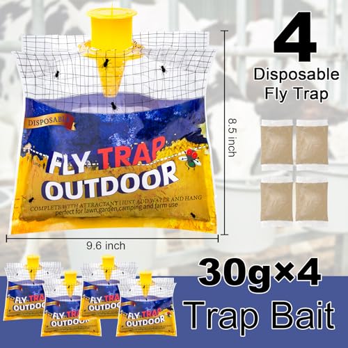 Fly Traps Outdoor Hanging for Patio, 4 Pre-Baited Flies Bags Disposable | Flies Catcher Repellent, Reusable Stable Horse Ranch Trapper Outdoor Hanging Fly Killer Helps Control Flies - size: 4 pack1