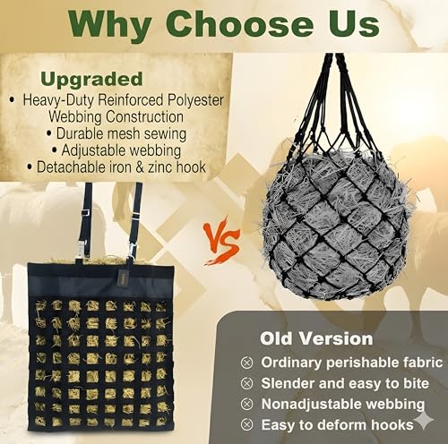 Slow Feed Hay Bag for Horses, Heavy Duty Nylon Hay Feeder with Adjustable Straps & Zinc Alloy Metal Hooks, Durable Mesh Design for Horse, Goat, Sheep & Cattle, 20 x 25 Inch