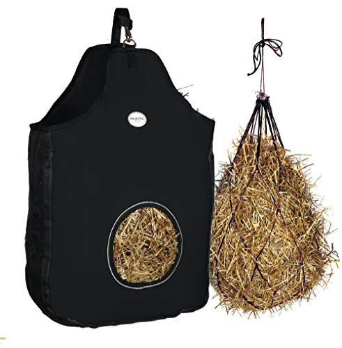 Majestic Ally 1200 D Hay Feeder Tote bag for Horses, Sheep with Reflective Trim- Reduces Waste - comes with 36” Hay Net. (Black) - color: Black