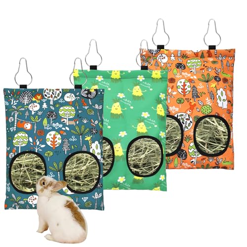 3 Pcs Rabbit Hay Feeder Bag, 2-Hole Hanging Hay Feeder Guinea Pig Hay Bags Washable Bunny Hay Bag for Rabbits Chinchillas Hamsters Small Pets and Animal (11.8"×8.7") - color: Blue,Orange,Green