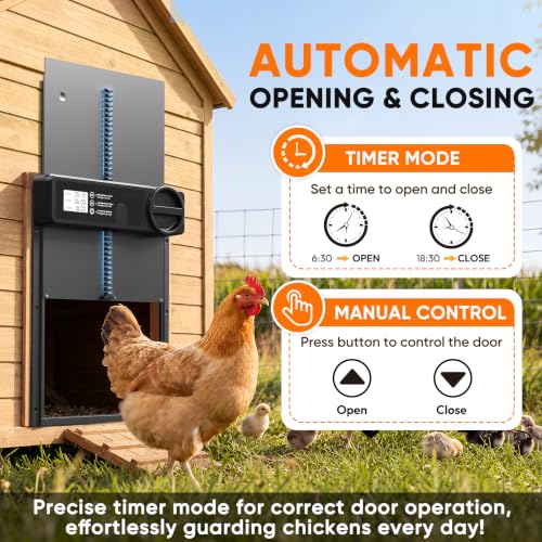 INNOLAND Large Size Automatic Chicken Coop Door - Reinforced Gear Drive | Anti-Pinch Automatic Chicken Door, Timer & Manual Mode, Battery Powered Chicken Coop Door, Aluminum Alloy & External Track