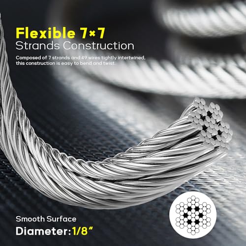 1000FT 1/8" T316 Stainless Steel Cable for Railing, 7x7 Wire Rope | Marine-Grade T316 SS, High Strength, Flexible for Deck Cable Railing System Kit, DIY Balustrades, Comes with a Cutter - size: 1000 ft