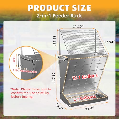 Wall Mount Hay Rack, 2 in-1 Goat Hay Feeder with Hook, 19 Gallons Heavy Duty Galvanized Wall Hay Rack, Livestock Feeder with Adjustable Distance, Easy to Install, Hay Feeder for Goats, Sheep, Horse - size: with top cover