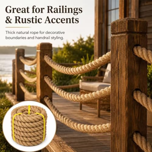 Natural Hemp Rope - 2 Inch x 100 Feet - Heavy Duty Jute Rope Manila Ropes for Docks, Nautical, Railings, Tug of War, Decorating - size: 2 in×100 ft