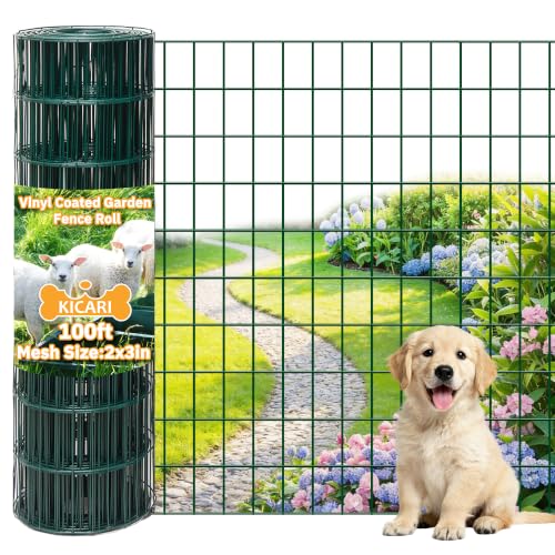Green Metal Garden Fence,72inch(H) x 100ft(L),2 inch x 3 inch,14GA Coated (16GA Bare) 2/3/4/5/6 Ft Tall Chicken Wire PVC Coated Welded Wire Mesh Roll for Dogs Border Yard Vegetable Plant Poultry - color: Green, size: 14GA 2x3 72"x100'