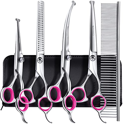 Gimars Professional 4CR Stainless Steel 6 in 1 Grooming Scissors for Dogs with Safety Round Tip, Heavy Duty Titanium Coated Pet Grooming Scissor for Dogs, Cats and Other Animals - style: Pink 6 in 1