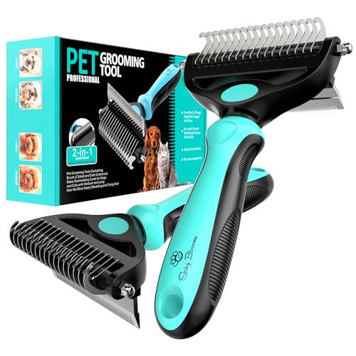 Spring Blossoms-2 in 1 Professional Grooming Rake for Cats & Dogs-Dematting Comb for Easy Mats & Tangles Removing,Pet Brush Safe No More Nasty Shedding and Flying Hair (Cyan) - color: Cyan