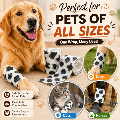 Premium Pet Vet Wrap — Non-Stick to Fur Self Adherent Bandage Wrap for Dogs, Cats & Horses, Breathable Cohesive Tape for Wounds, Paws & Legs, Animal Print Design - Pack of 2 - color: Cow Print