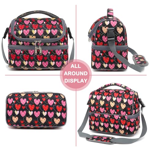 FlowFly Double Decker Cooler Insulated Lunch Bag Large Tote for Boys, Girls, Men, Women, With Adjustable Strap,Heart - color: Heart