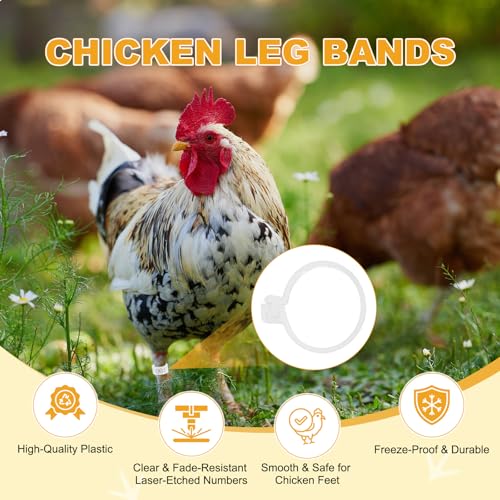 Generic 100-Pack Chicken Leg Bands, 16 mm Plastic Poultry Identification Chicken Leg Rings for Turkey/Duck/Goose/Chicks, Colorful Numbered Foot Clip on Tags [White]