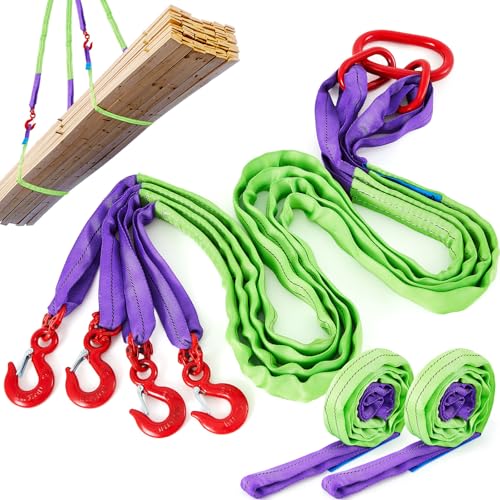 3 Pcs 6.6 ft Polyester Lifting Straps Set - Four Leg Bridle Web Sling & 2 Endless Round Slings Rigging Straps for Hoist, Engine, Crane, Machinery Moving & Tree Stump Removal 6600 lbs Capacity