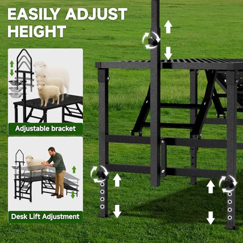 Professional Goat Milking Stand with Ramp, 600LBS Heavy Duty Foldable Livestock Trimming Platform, Metal Grooming Stand with Adjustable Headpiece & Stainless Steel Feeder for Nubian & Dwarf Goats - color: Black with Ramp