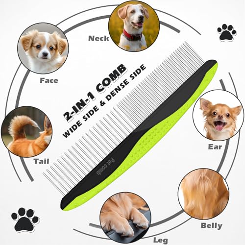 3PCS Pet Grooming Rake & Metal Comb & Flea Comb for Cats and Dogs, Double-Sided Dematting Tool, Extra-Wide Deshedding Dog Brush for Long Hair to Effectively Remove Tangles, Knots and Mats (Green) - color: C-Green