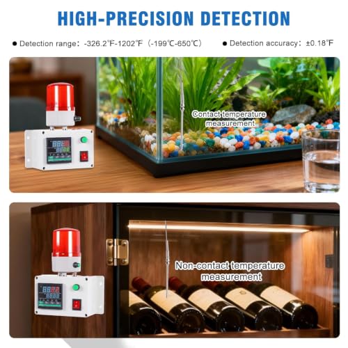 JIAWANSHUN High Precision Industrial Temperature Alarm, -326.2°F-1202°F ±0.18°F, Dual Limit Alarm with Self-Calibration, Audio Visual Alert for Hatchery, Greenhouse, Farm & Fish Pond
