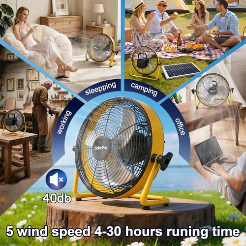 14 Inch Solar Powered Fan,360 Vertical Tilt Rechargeable Floor Fan,for Outside,Travel,Chicken Coop,Dog House,Shed,Greenhouse,Camping,Portable,Quiet