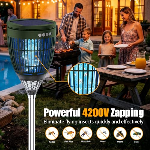 Rossetta Solar Bug Zapper Outdoor, Fly Zapper with Flame & Projector Light | 4200V Shock Grid, Solar & USB Charging, IPX5 Waterproof, Auto Mode, Cordless Electric Mosquito Killer for Patio, Garden - color: Olive Green