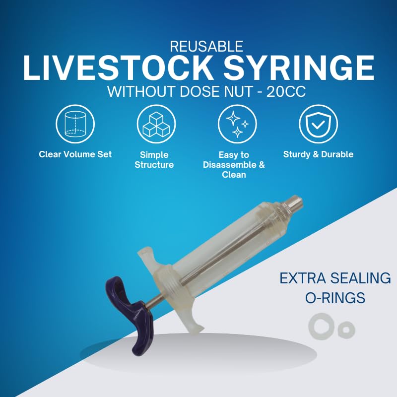 Reusable Veterinary Syringe Without Dose Nut – (20cc) - For Livestock Use | Durable Plastic Barrel | Luer-Lock & Luer-Slip Compatible | Equine, and Veterinary Use | Available in 10cc, 20cc, 30cc, 50cc - size: 20cc
